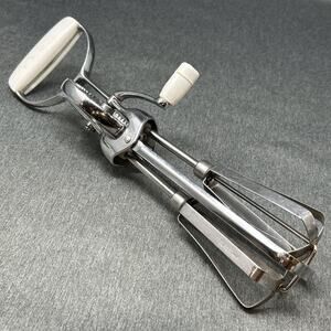 Vintage EKCO Rotary Egg Beater Stainless Steel Hand Mixer White Handle Farmhouse